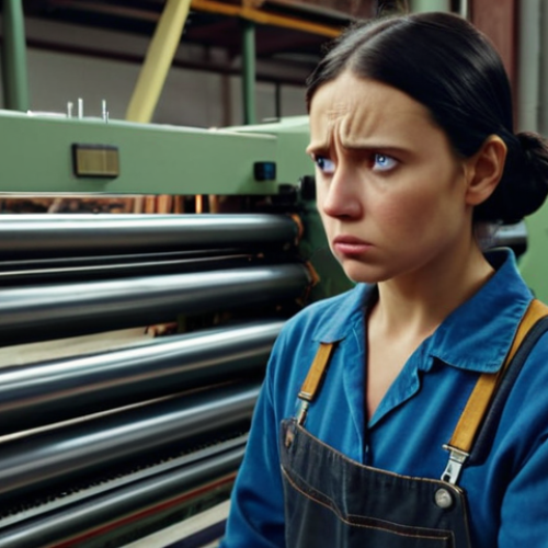 Home 6 **
"Textile mill worker losing job to automated machines. Depicts job displacement due to automation, sad or worried expression."
**