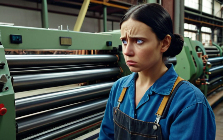 **
"Textile mill worker losing job to automated machines. Depicts job displacement due to automation, sad or worried expression."
**