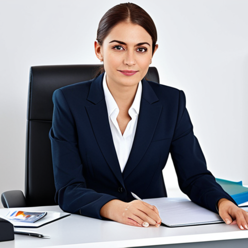 ** A professional businesswoman in a modest business suit, sitting at a desk in a modern office, fully clothed, appropriate attire, safe for work, perfect anatomy, natural proportions, professional photography, high quality.
**
