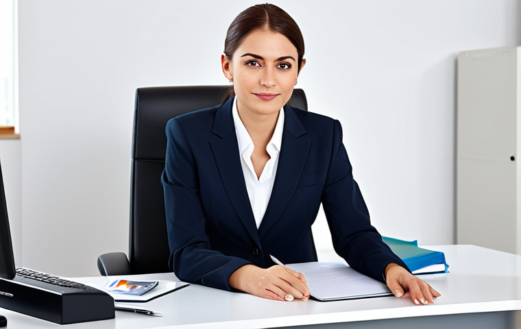 ** A professional businesswoman in a modest business suit, sitting at a desk in a modern office, fully clothed, appropriate attire, safe for work, perfect anatomy, natural proportions, professional photography, high quality.
**