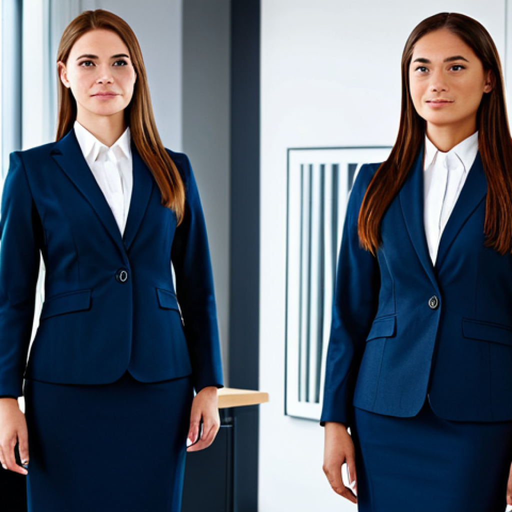 작업 자동화에 대한 직원의 수용도 조사 - A professional businesswoman in a modest business suit, standing confidently in a modern office, ful...