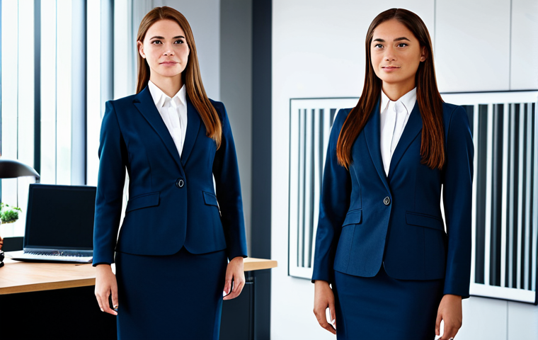 작업 자동화에 대한 직원의 수용도 조사 - A professional businesswoman in a modest business suit, standing confidently in a modern office, ful...