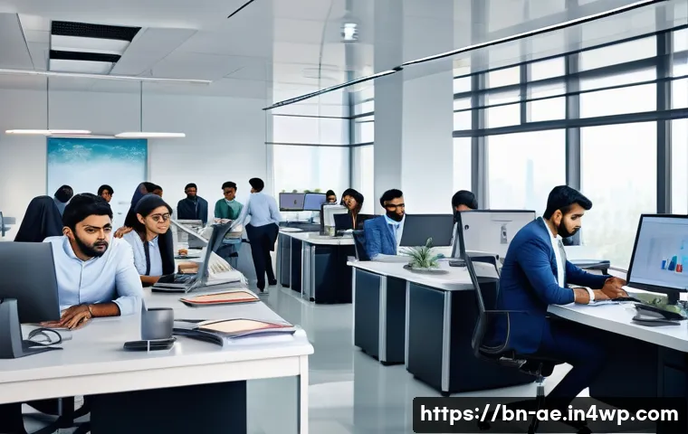 자동화 도입 후 성과 평가 기준 설정하기 - A professional office environment showing a diverse group of Bengali employees working collaborative...