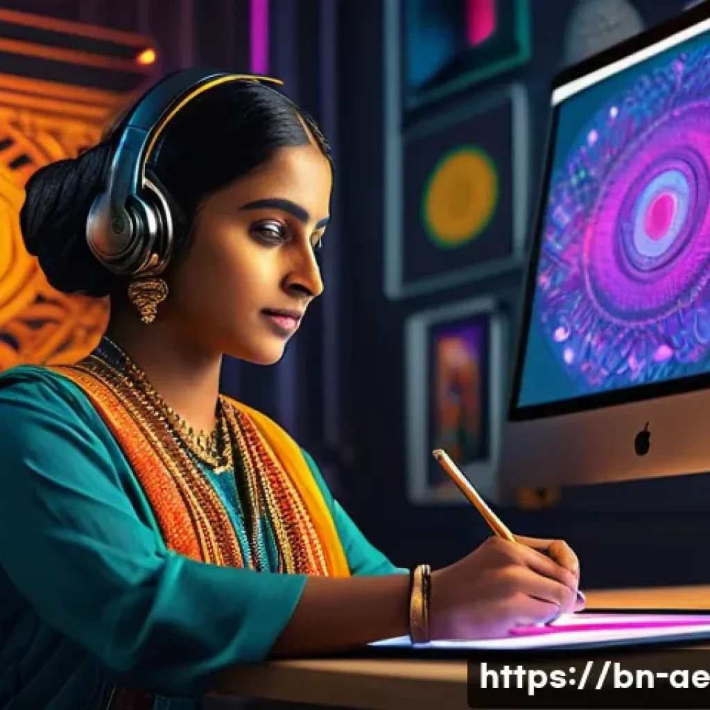 인간의 창의성과 자동화의 융합 - A vibrant digital art studio scene featuring a Bengali artist wearing modest clothing, working on a ...
