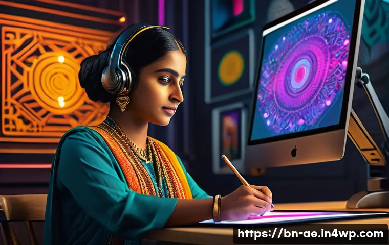 인간의 창의성과 자동화의 융합 - A vibrant digital art studio scene featuring a Bengali artist wearing modest clothing, working on a ...
