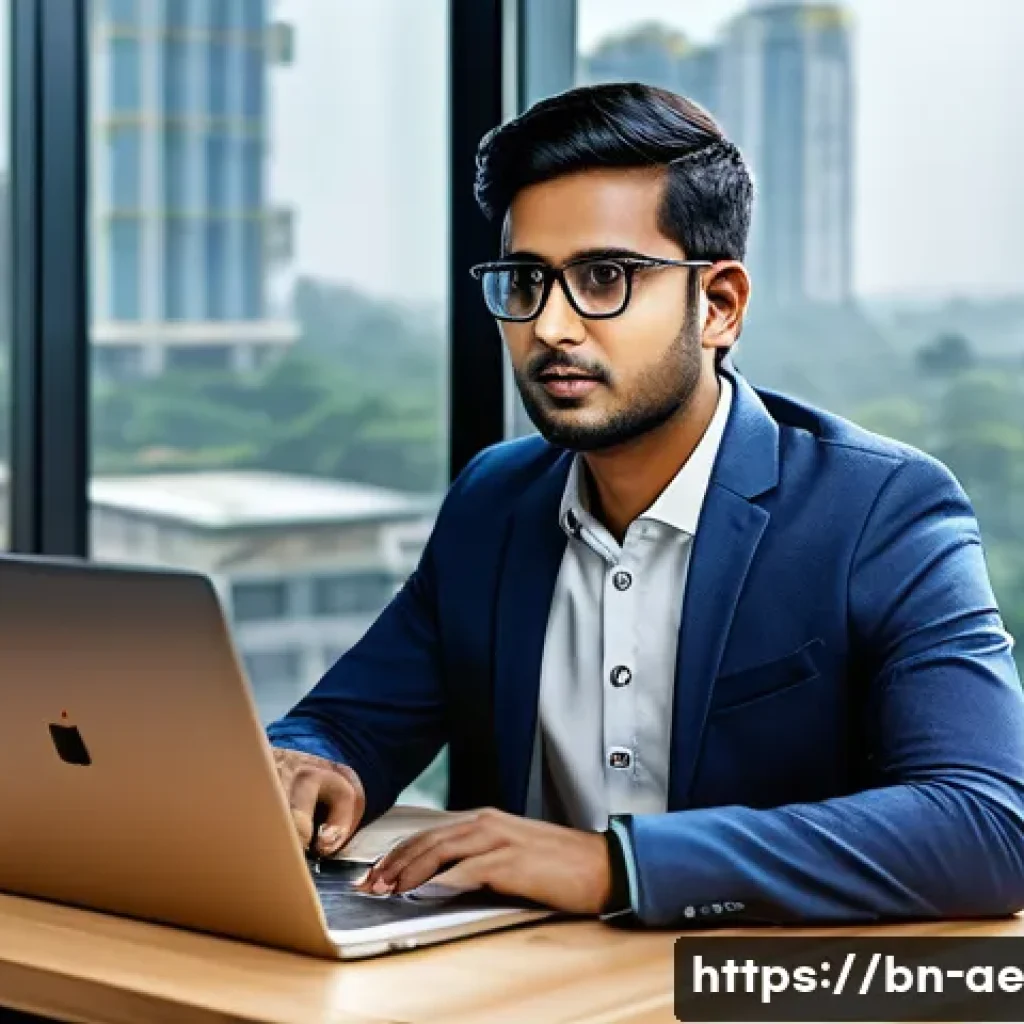 작업 자동화가 중소기업에 미치는 영향 - A modern small business office setting in Bangladesh, featuring a young Bengali entrepreneur using a...