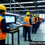 Home 21 작업 자동화로 인한 직업 감소와 대처 방안 - A modern industrial factory scene in Bangladesh, showing advanced robotic arms and automated machine...