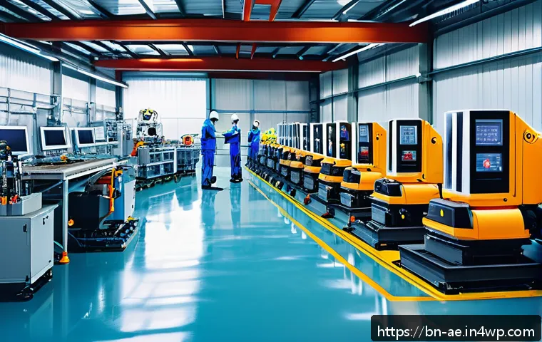 작업 자동화의 글로벌 영향력 - A modern industrial factory interior showing advanced automation with robots operating machinery aro...