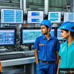 Home 18 작업 자동화와 불안정한 고용의 상관관계 - A modern automated factory scene in Bangladesh featuring diverse male and female workers wearing saf...
