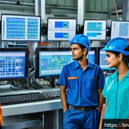 Home 30 작업 자동화와 불안정한 고용의 상관관계 - A modern automated factory scene in Bangladesh featuring diverse male and female workers wearing saf...