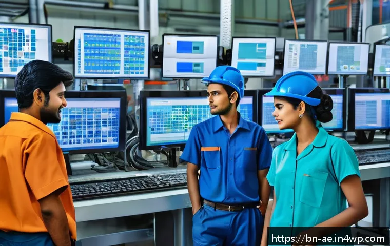작업 자동화와 불안정한 고용의 상관관계 - A modern automated factory scene in Bangladesh featuring diverse male and female workers wearing saf...