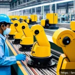 Home 23 작업 자동화가 변화시키는 생계 수단 - A modern industrial factory interior in Bangladesh, showing diverse workers wearing safety gear and ...
